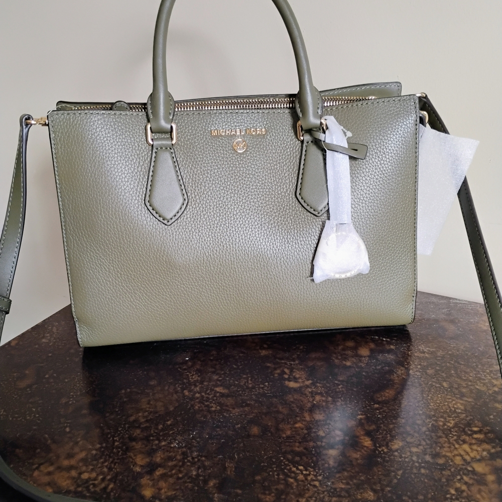 Michael Kors Valerie Medium Pebbled Leather  Satchel - Olive Green - Picture 3 of 8